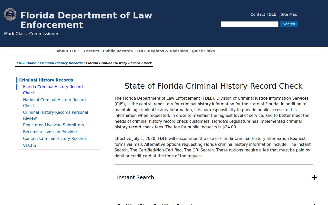 FDLE Florida criminal history record check options