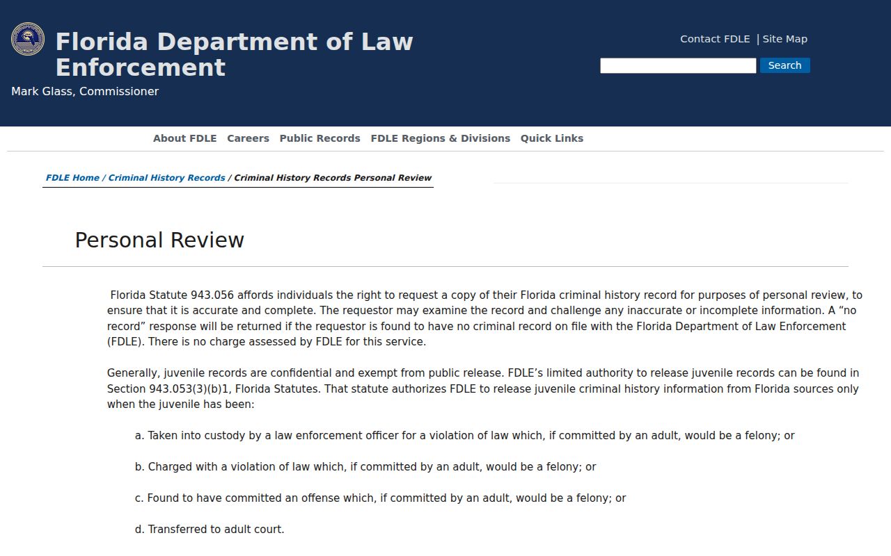 FDLE personal criminal record review instructions