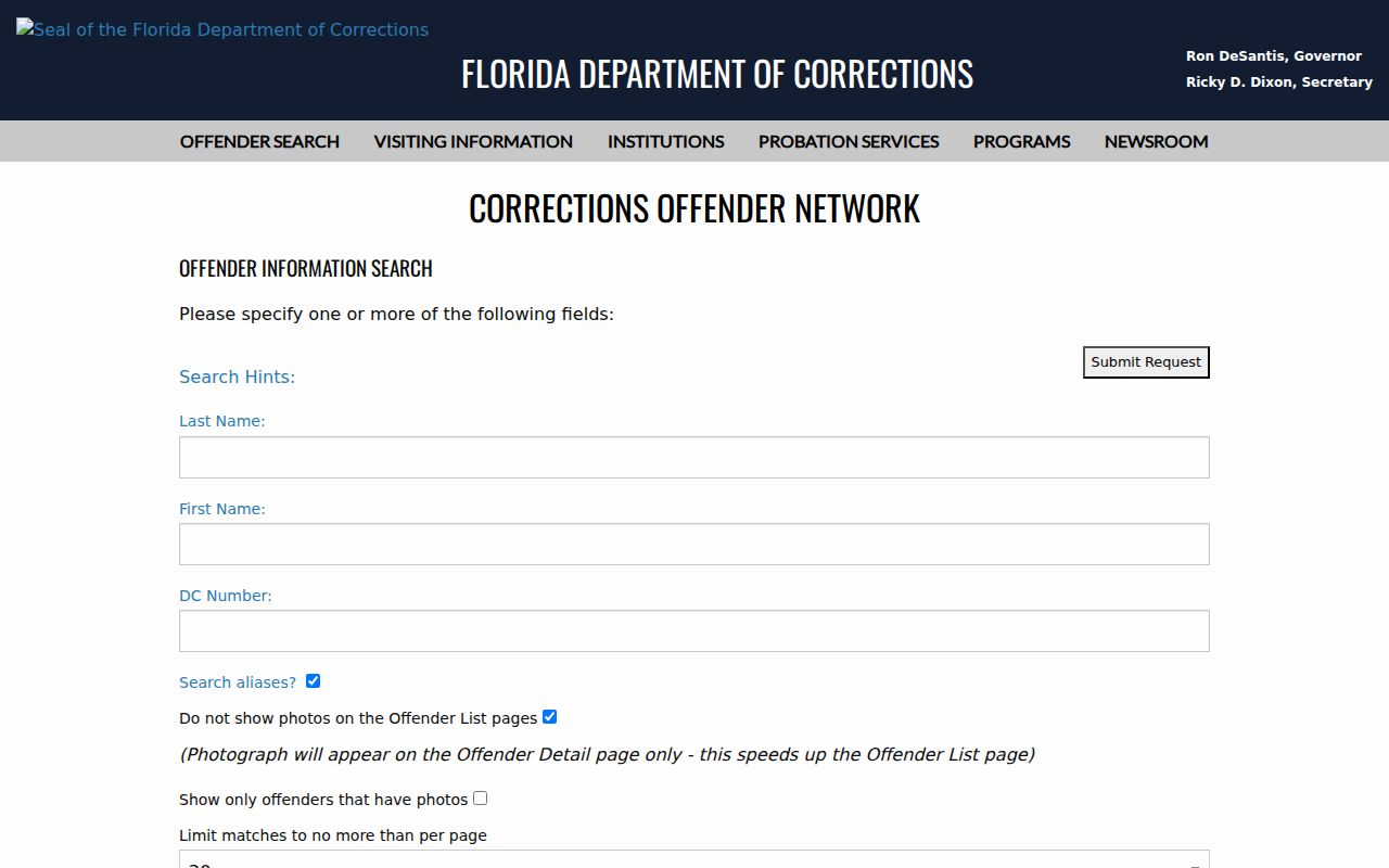 Florida Department of Corrections offender search form