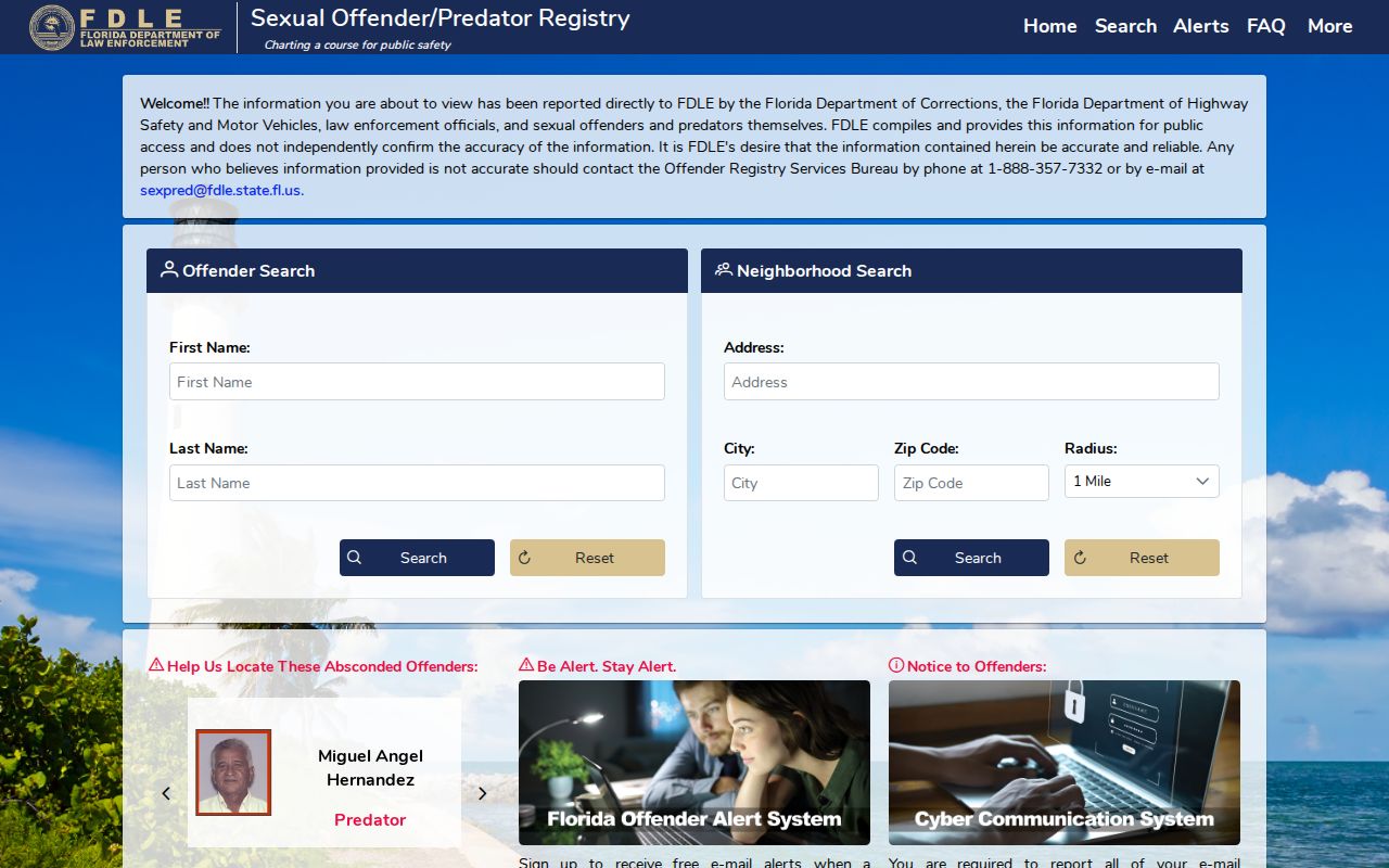 FDLE Florida Sexual Offender and Predator Registry search home