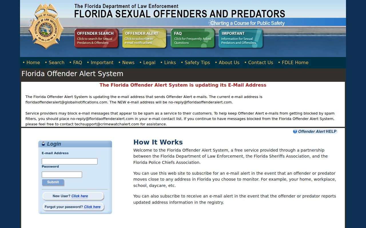 Florida Offender Alert System enrollment page