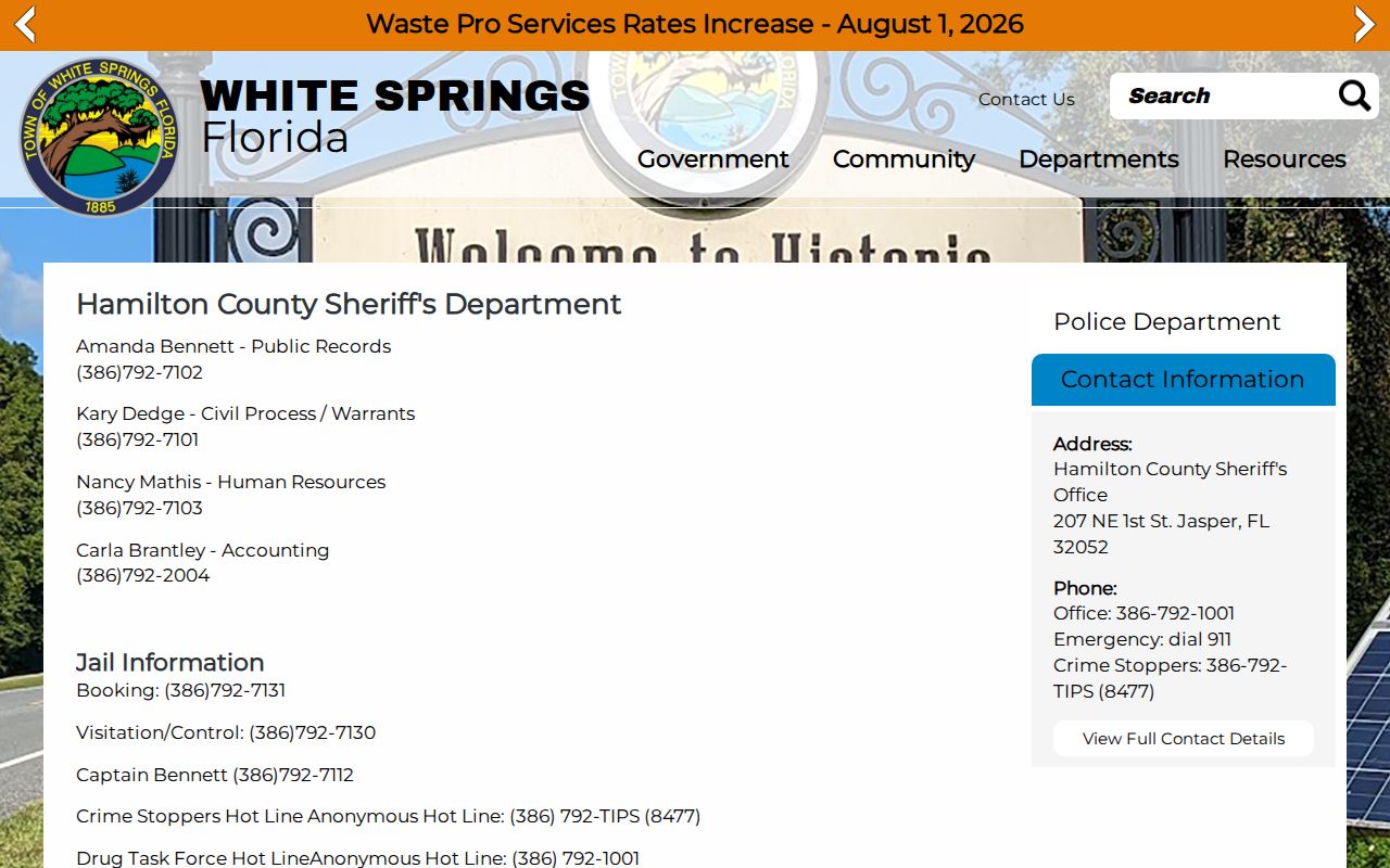 White Springs criminal records and Hamilton sheriff contact directory